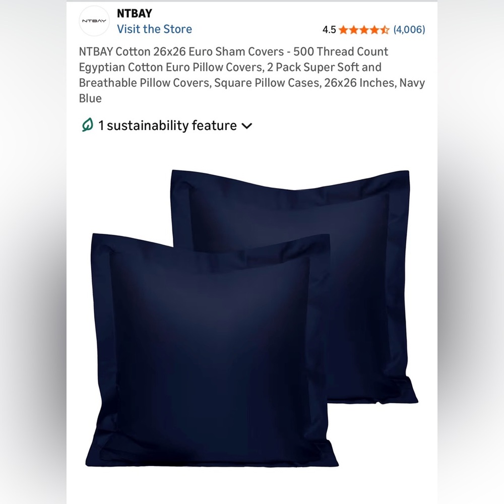 Navy Deep Blue Euro Pillow Covers - Set of 2.  New never used but opened